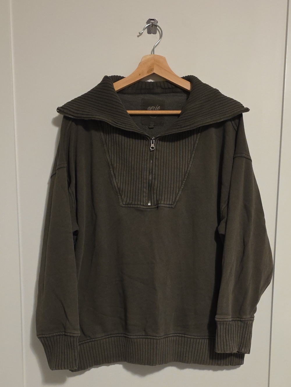AERIE Olive Green Quarter-Zip Sweater with Ribbed Collar